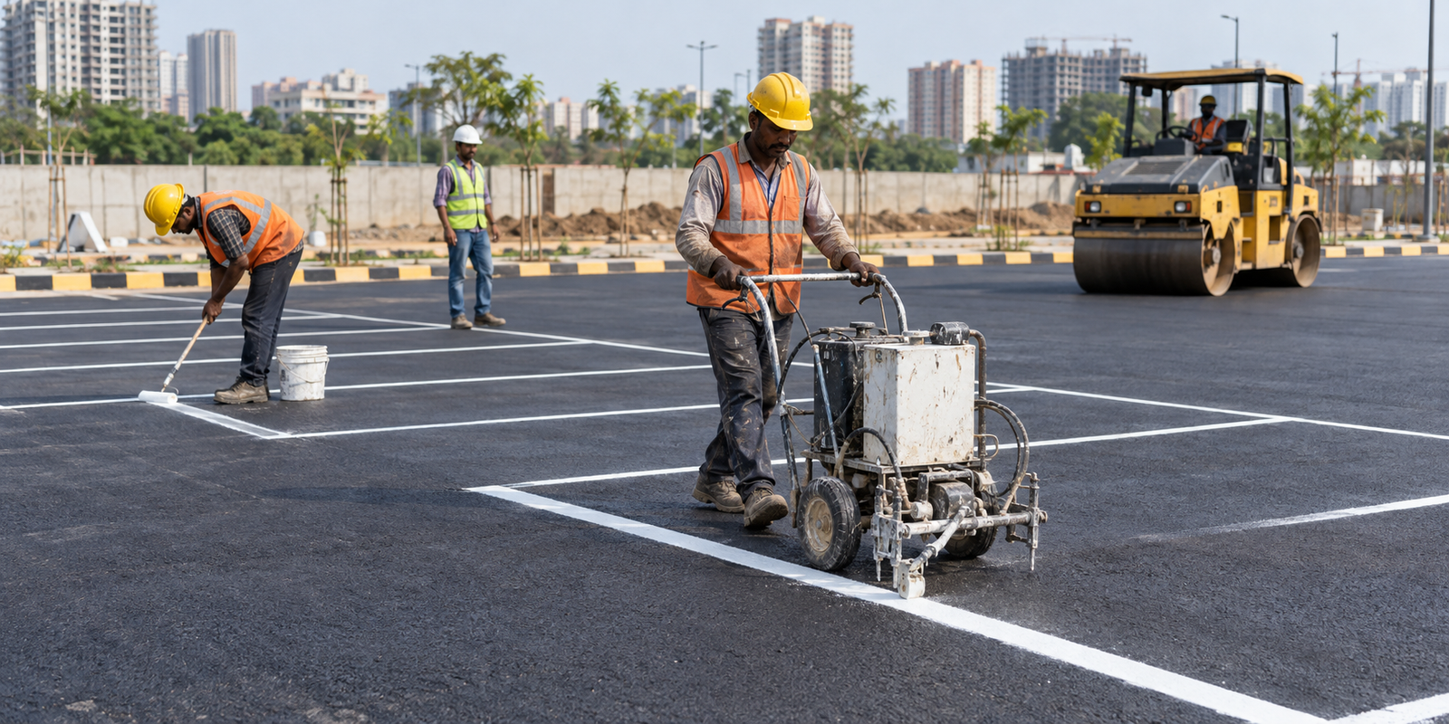Workers marking parking bays on freshly paved asphalt