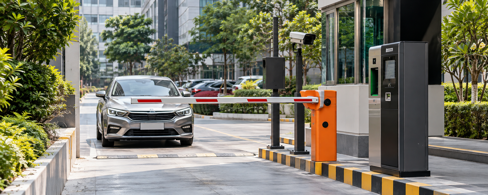 Parking entrance with barrier, RFID reader and camera