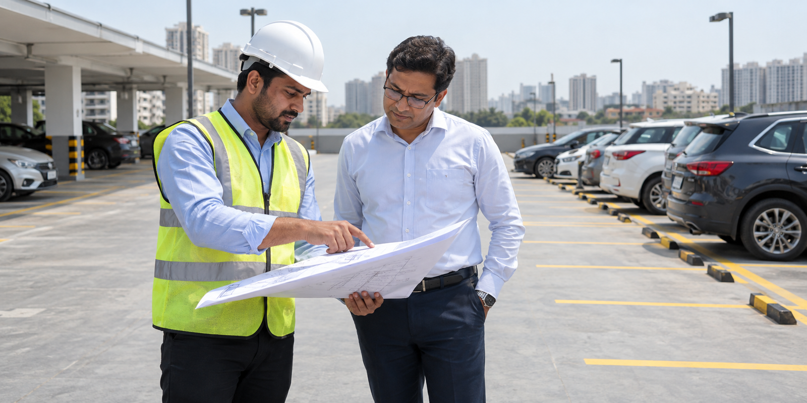 Site engineer discussing parking plans with a customer