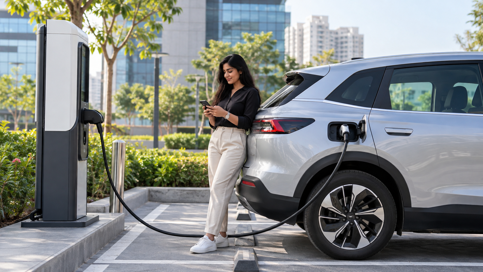 Electric car connected to a charging station