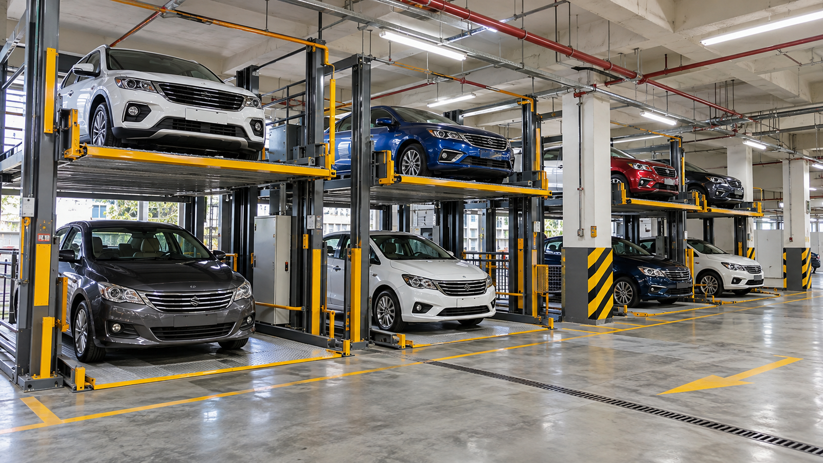 Cars on two-level mechanical parking platforms