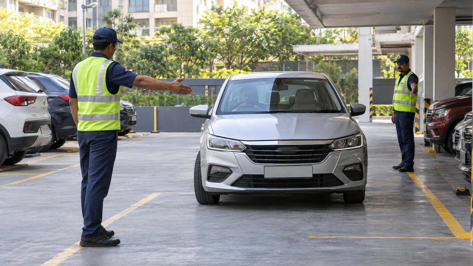 Parking attendants guiding a vehicle into a bay