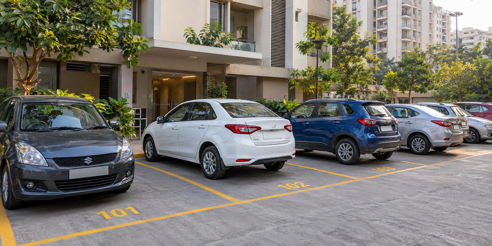 Residential parking with organized vehicle spaces
