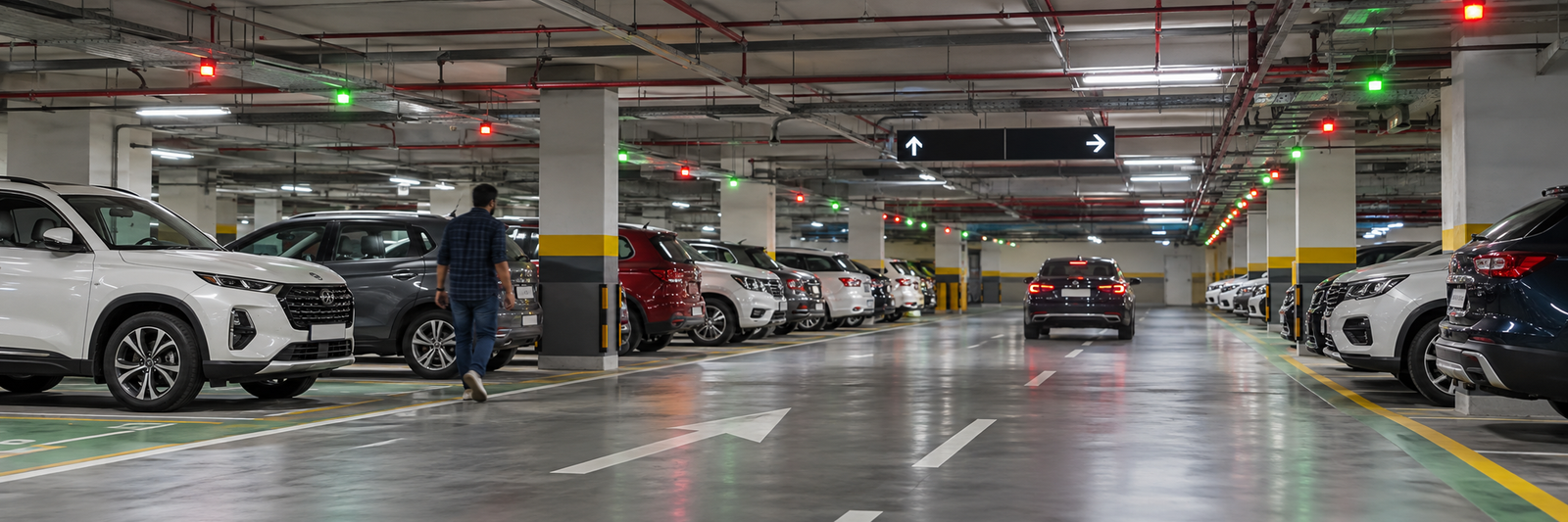 An organised indoor parking facility with marked bays