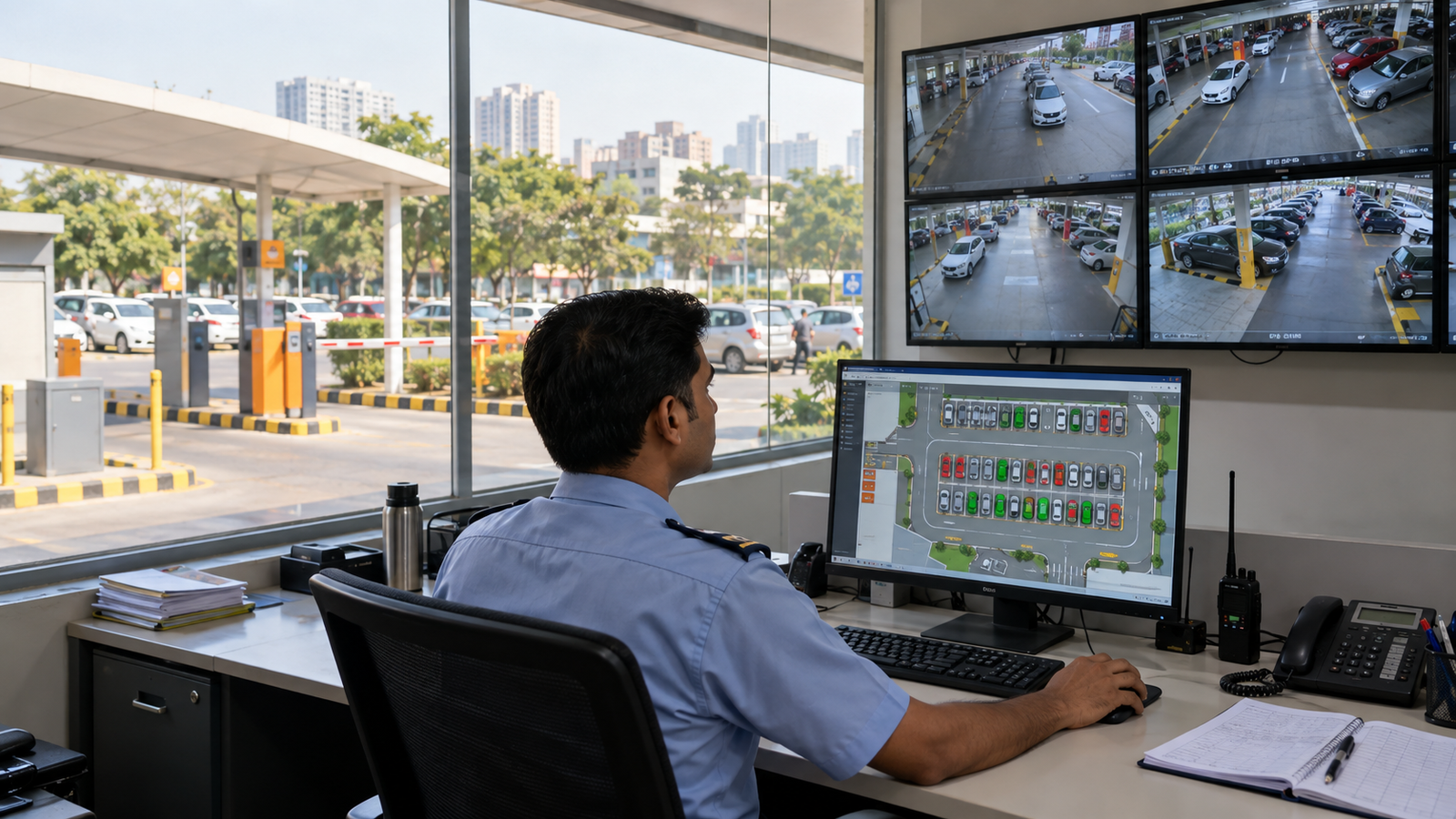 Parking operator monitoring vehicles from a control room