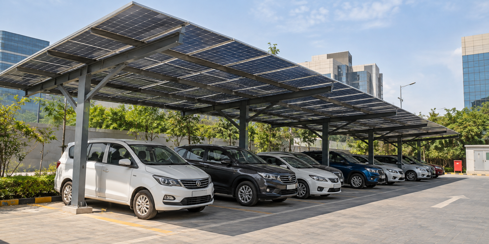 Solar panel canopy shading parked vehicles