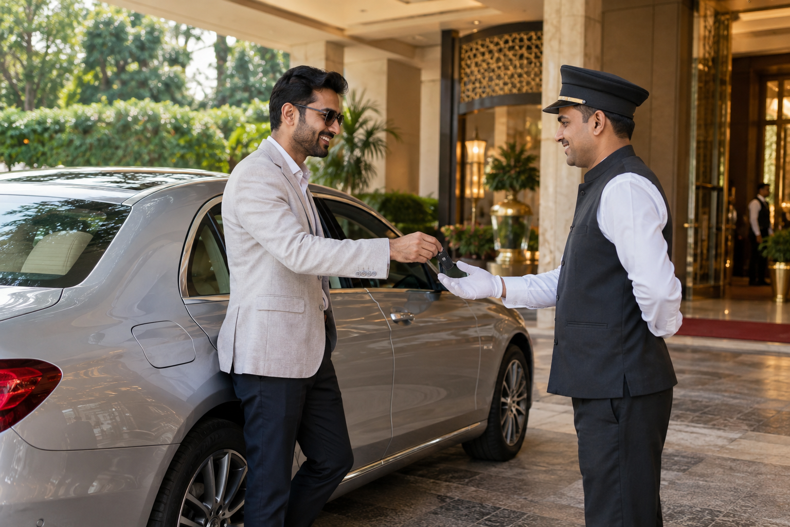 Hotel valet receiving car keys from a guest